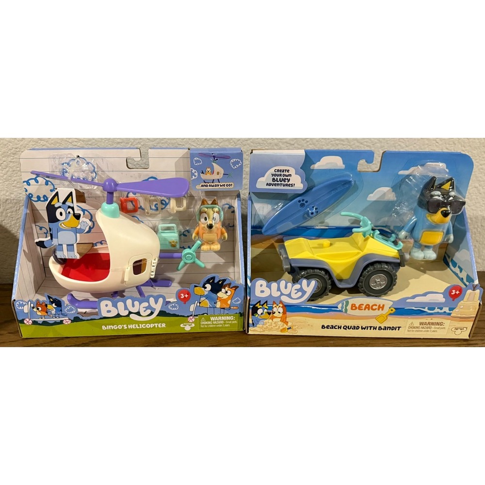 Bluey Bingo's Helicopter Vehicle + Beach Squad w/ Bandit Set of 2